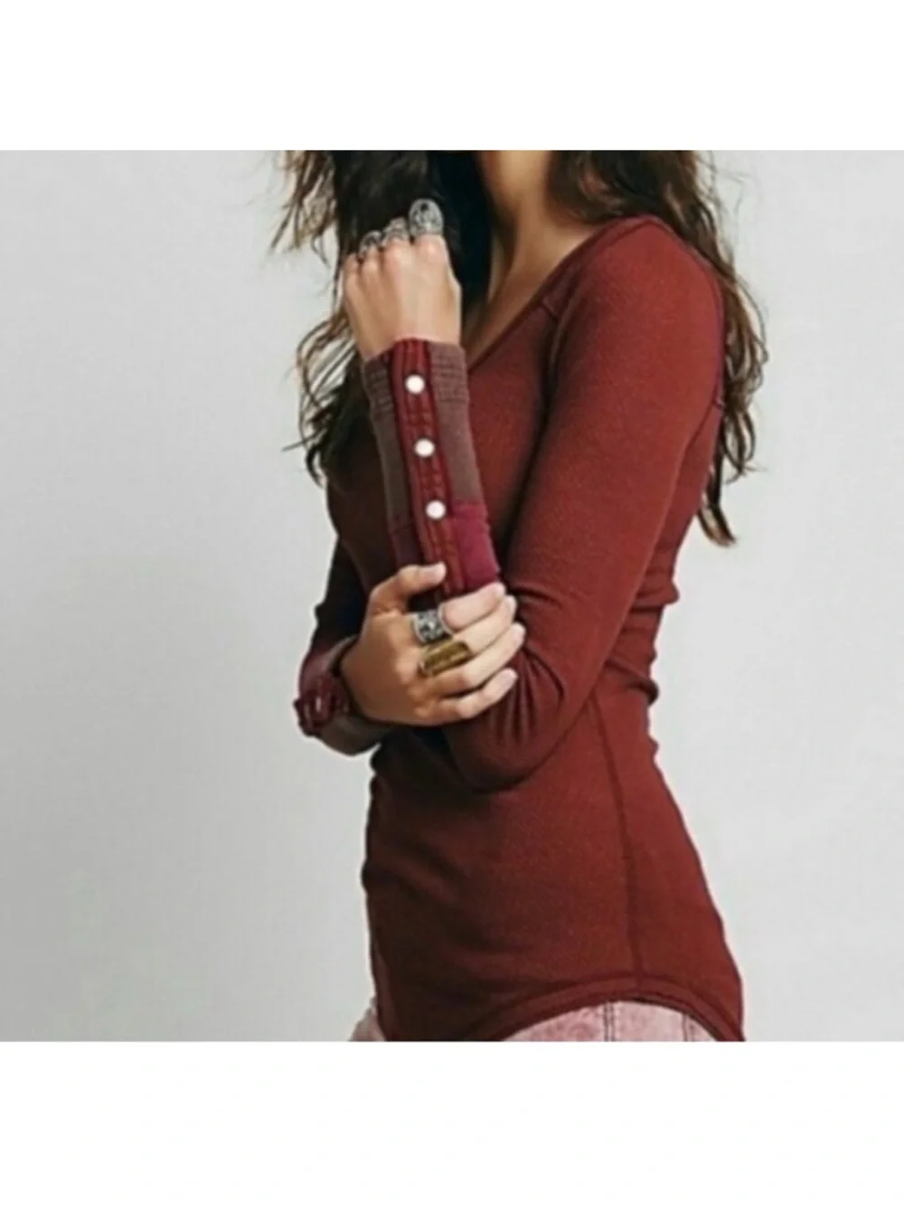 Free People Sunny Days Ribbed Scoop-Neck Long Sleeve Top in Burgundy